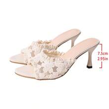 Zapatillas de tacón de aguja con punta cuadrada de encaje blanco, zapatos mule de punta abierta con bordado floral de malla y borde con volantes, sandalias elegantes versátiles para uso diario, citas, vacaciones, estilo de exportación - Blanco - Ver 9