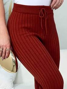 Women's Slim Fit Ribbed Knit Pants With High Waist And Adjustable Drawstring, Casual, Autumn/Winter Knitwear - 鏽 - 查看 3