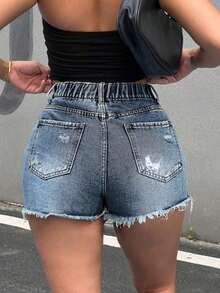 Women's Casual Blue Denim Mini Shorts With Ripped Details And Button Front Distressed Denim Shorts - Lavado oscuro - Ver 2