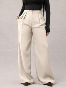 Pantalones anchos de pierna ancha de satén negro sueltos y minimalistas modernos para mujer, pantalones largos de oficina, pantalones anchos negros, pantalones anchos de cintura alta, pantalones de traje negros, pantalones largos de satén, pantalo - Albaricoque - Ver 1