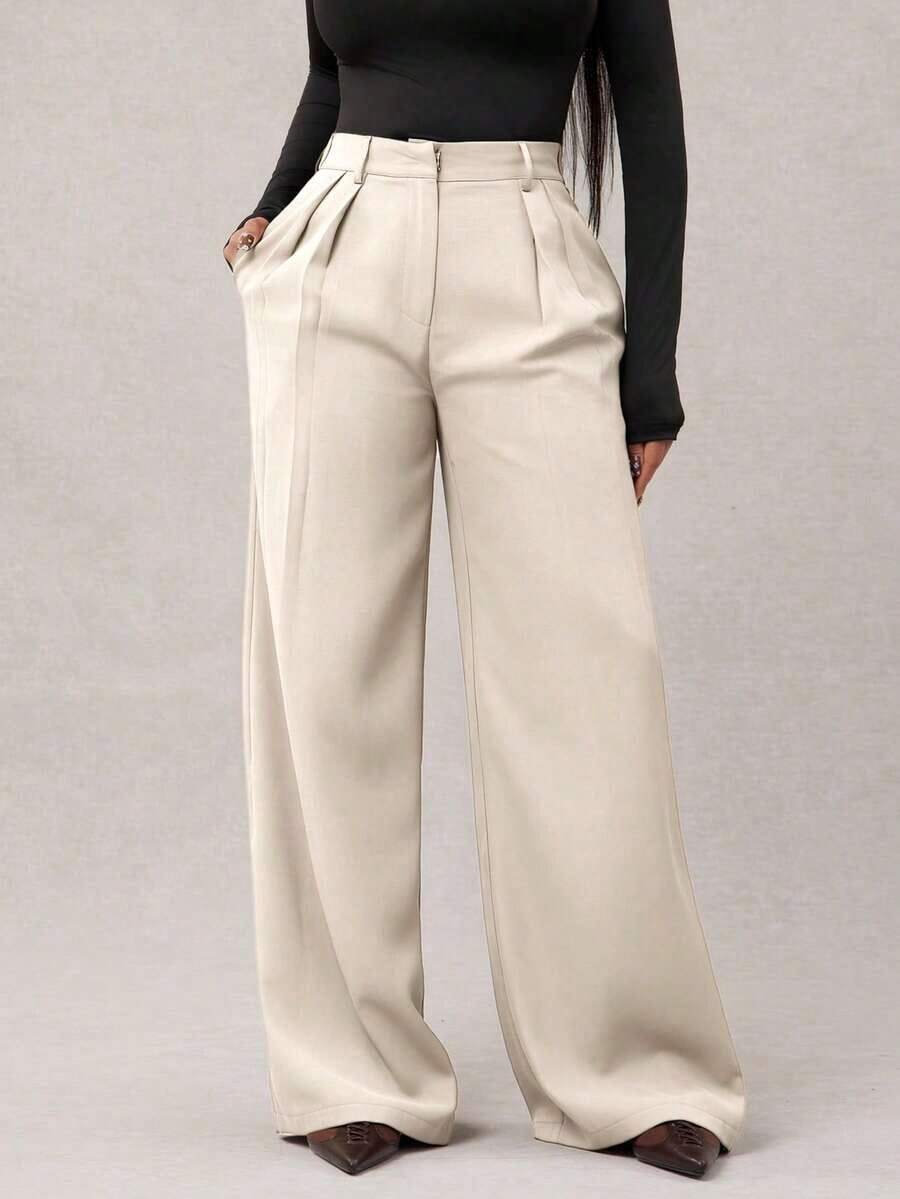 Pantalones anchos de pierna ancha de satén negro sueltos y minimalistas modernos para mujer, pantalones largos de oficina, pantalones anchos negros, pantalones anchos de cintura alta, pantalones de traje negros, pantalones largos de satén, pantalo - Albaricoque - Ver 1