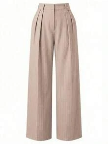 Pantalones anchos de pierna ancha de color café oscuro de moda minimalista para mujeres, pantalones de tela marrón de pierna ancha para el trabajo, pantalones de tiro alto de pierna ancha marrón para mujeres, pantalones de traje marrón para otoño/invierno - Rosa - Ver 3