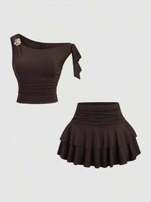 Conjunto de top de tirantes y minifalda plisada y con decoración de flores metálicas para mujer, ideal para el verano - Café integral - Ver 1