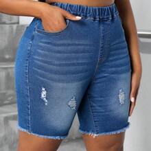 Plus Size Women's Autumn Pockets Distressed Elastic Waist Denim Biker Pants - Azul lavado medio - Ver 5