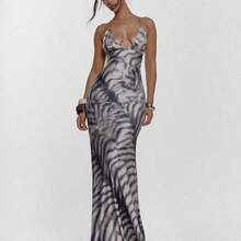 Lace Up Front Cup Detail Fitted Animal Print Maxi Dress Sexy Going Out Autumn Fall Night Out Cute Streetwear Party Elegant Spring Summer Vacation - Marrón - Ver 2