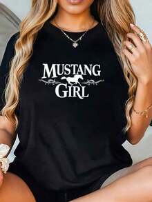 Women's Casual T-Shirt, Ideal For Everyday Wear And The Office. Made From 100% Natural Fabric With A Cute Letter And Number Print. Slim Fit, Casual Style, Perfect For Spring, Summer, And Fall. Short Sleeves. Women's Clothing. - 黑色 - 查看 7