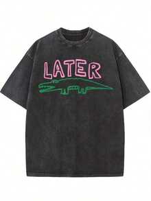 1 pieza de camiseta lavada de 230g, cómoda y de talla grande, camiseta "Later Gator", camiseta sarcástica. |     Camiseta Casual de Verano Unisex de Cuello Redondo y Manga Corta, Transpirable, Regalo Ideal para Amigos y Familiares, Talla Grande - Transpirable y Cómoda, Ideal para Deportes y Ocio, Cuello Redondo, Top Unisex 180g Algodón 100% - Negro - Ver 1