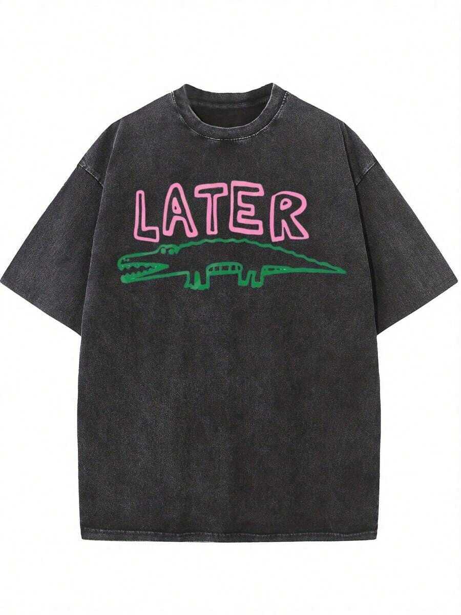 1 pieza de camiseta lavada de 230g, cómoda y de talla grande, camiseta "Later Gator", camiseta sarcástica. | Camiseta Casual de Verano Unisex de Cuello Redondo y Manga Corta, Transpirable, Regalo Ideal para Amigos y Familiares, Talla Grande - Transpirable y Cómoda, Ideal para Deportes y Ocio, Cuello Redondo, Top Unisex 180g Algodón 100% - Negro - Ver 1