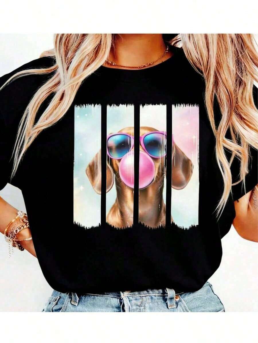 Adorable Dachshund Graphic T-Shirt - Dachshund Chewing Gum Print T-Shirt, Pure Cotton Dachshund Mom T-Shirt, Dachshund Dad Gift - Unisex T-Shirts For Women And Men - 黑色 - 查看 1