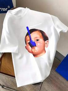 Men's Plus Size T-Shirts 100% Cotton Boy's Face Print With Blue Spoon Round Neck Short Sleeve Comfortable And Casual For Summer, PLUS SIZE[COD] - 白色 - 查看 1