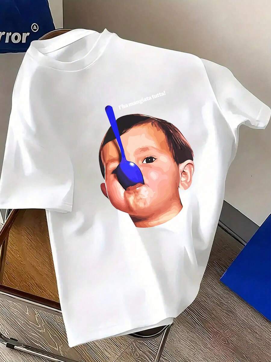 Men's Plus Size T-Shirts 100% Cotton Boy's Face Print With Blue Spoon Round Neck Short Sleeve Comfortable And Casual For Summer, PLUS SIZE[COD] - 白色 - 查看 1