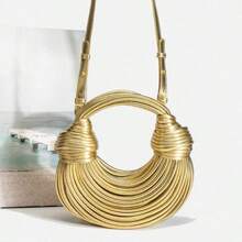 Popular Personalized Woven Handmade Bends And Hitches Packs Ramen Dumplings Clouds Women Hand-Carrying Crossbody Bag,Chic Circular Woven Handle Bag - Metallic Gold Finish, Stylish Party Accessory Hand-Woven Bread Women's Clutch Top Handle Satchel Shoulder Crossbody Creative Noodles Purses Underarm Bag Handbag - Vàng - Xem 3