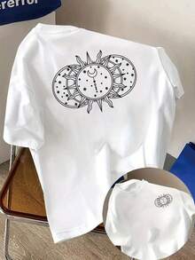 Camiseta con Estampado de Sol y Luna, Manga Corta, Cuello Redondo, Estilo Casual para Primavera y Verano, Ropa de Mujer, Camiseta Y2k - Blanco - Ver 1