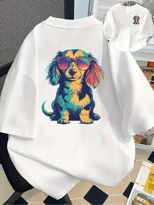 Camiseta Colorida con Estampado de Dachshund para Mujer - Camiseta Casual de Manga Corta con Cuello Redondo y Diseño Vibrante de Perro de Dibujos Animados, Perfecta para Primavera y Verano, Top para Todas las Temporadas| Ropa Casual| Camiseta Estilosa Prin Y2k - Blanco - Ver 10