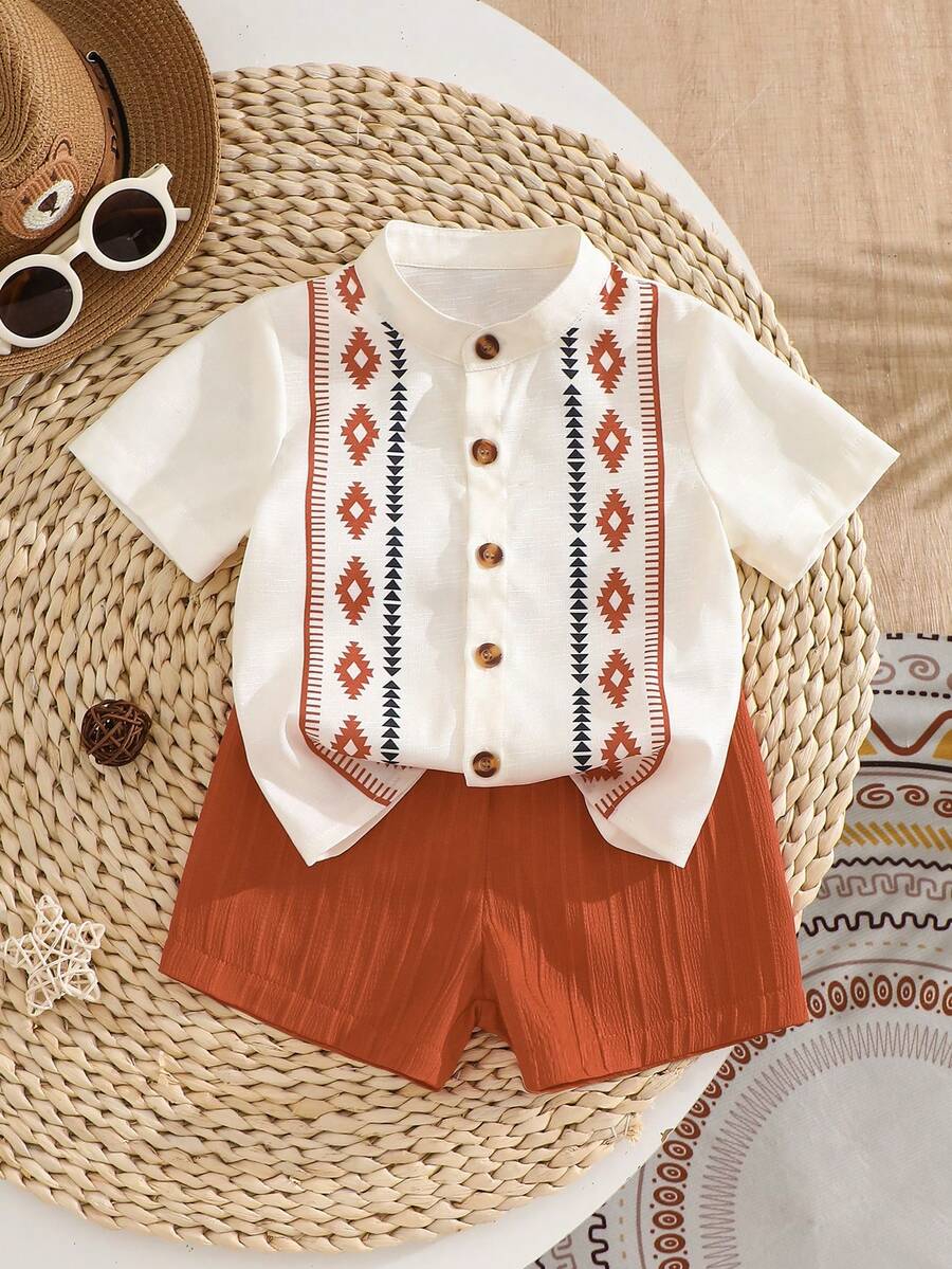 2pcs Baby Boys Retro Print Full Button Short Sleeve Shirt With Textured Striped Fabric, Elastic Waist Solid Color Shorts, Suitable For Casual Daily Wear And Outings