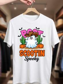 Camiseta de Halloween occidental de vaquero blanco de las mujeres - lindo "botas Scootin 'Spooky" & Cactus impresión, rosa y naranja camiseta de manga corta, transpirable casual suelto uste para las fiestas vaquero, verano y todo el año - Blanco - Ver 2