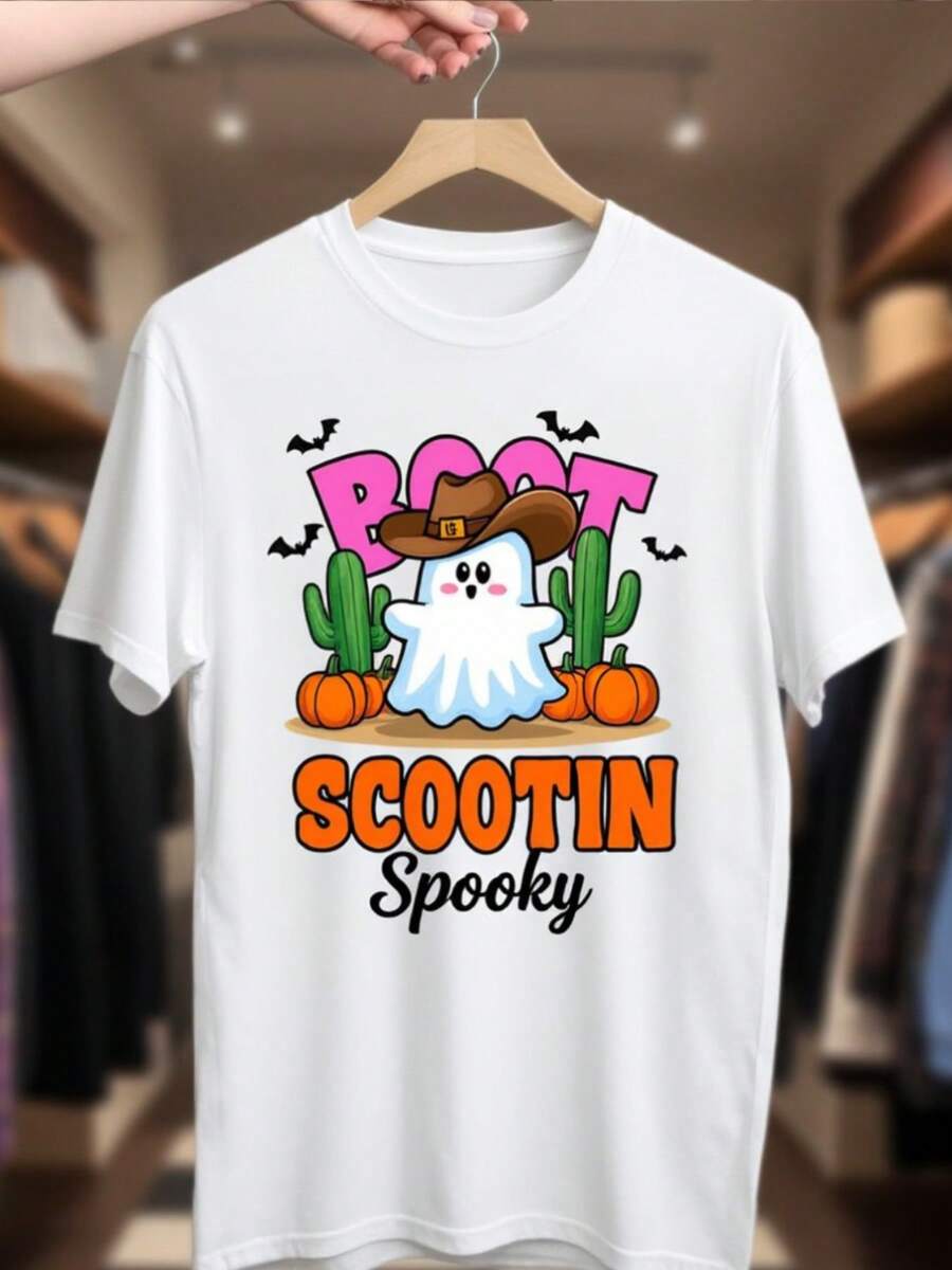 Camiseta de Halloween occidental de vaquero blanco de las mujeres - lindo "botas Scootin 'Spooky" & Cactus impresión, rosa y naranja camiseta de manga corta, transpirable casual suelto uste para las fiestas vaquero, verano y todo el año