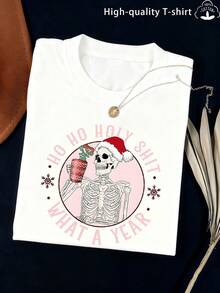 Women's 100% Christmas T-Shirt - Short Sleeve Casual Round Neck Holiday Top With Soft Breathable Fabric, Festive Christmas Tree And Snowflake Print Suitable For Christmas Party, Winter, Casual Wear - 白色 - 查看 1