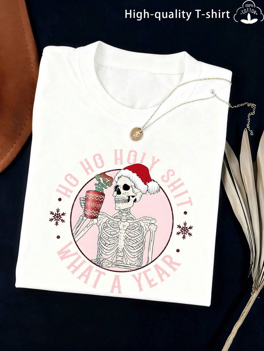 Women's 100% Christmas T-Shirt - Short Sleeve Casual Round Neck Holiday Top With Soft Breathable Fabric, Festive Christmas Tree And Snowflake Print Suitable For Christmas Party, Winter, Casual Wear - 白色 - 查看 1