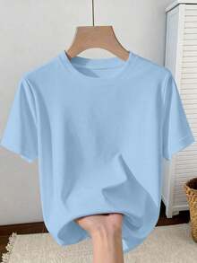Camiseta de manga corta de mujer de unicolor, cuello redondo, casual, versátil y de uso diario - Celeste - Ver 4