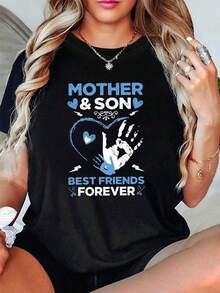 Camisetas gr£ficas a juego para madre e hijo, "Mejores amigos por siempre" con un mensaje conmovedor, MADRE E HIJO MEJORES AMIGOS POR SIEMPRE, estampado de coraz￳n hecho a mano, camiseta de mujer de moda casual de cuello redondo para primavera/verano, dise￱o creativo, c￳moda para uso diario y salidas, 100% algod￳n - Negro - Ver 2