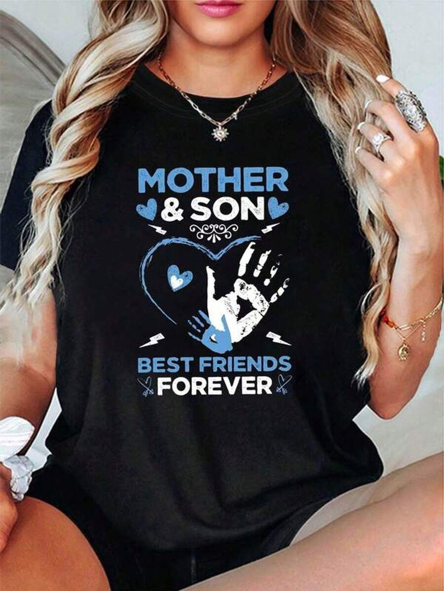 Camisetas gr£ficas a juego para madre e hijo, "Mejores amigos por siempre" con un mensaje conmovedor, MADRE E HIJO MEJORES AMIGOS POR SIEMPRE, estampado de coraz￳n hecho a mano, camiseta de mujer de moda casual de cuello redondo para primavera/verano, dise￱o creativo, c￳moda para uso diario y salidas, 100% algod￳n