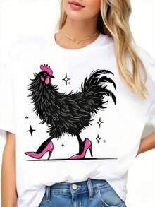 1 pieza Camiseta Gráfica de Pollo con Tacones Rosados para Mujer, Camiseta de Moda con Estampado Divertido de Animales, Ropa Casual para Atuendos Diarios, 180g Algodón 100% - Blanco - Ver 2