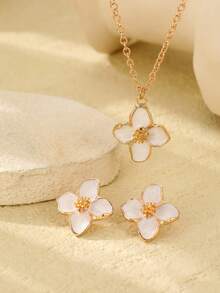1 Necklace, 1 Pair Of Earrings, A Colorful Enamel Four-Petal Flower Pendant, A Sweet And Fashionable Ladies' Jewelry Set, Suitable For Daily Wear - Set - View 3
