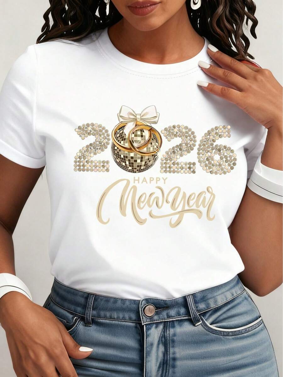 Women's Short Sleeve Cotton T-Shirt, Women's New Year 2026 T-Shirt - Loose Fit, Casual Round Neck, Short Sleeve With Hello 2026 Print, Suitable For New Year's Parties And Casual Outfits, Comfortable Machine Washable T-Shirt (For Women). - 白色 - 查看 1