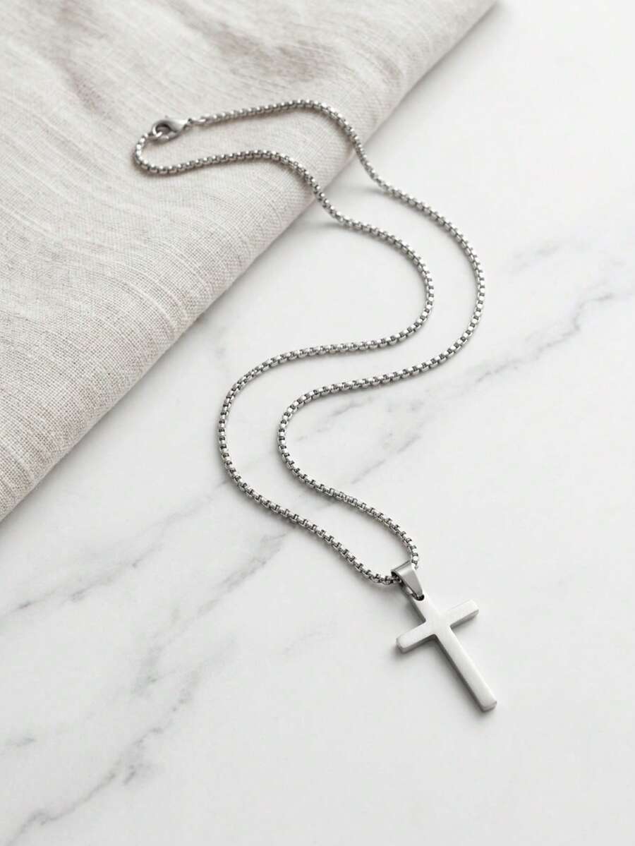 1pc Stainless Steel Cross Pendant Necklace, Unisex Daily Wear Jewelry, Best Gift - Multicolor - View 1