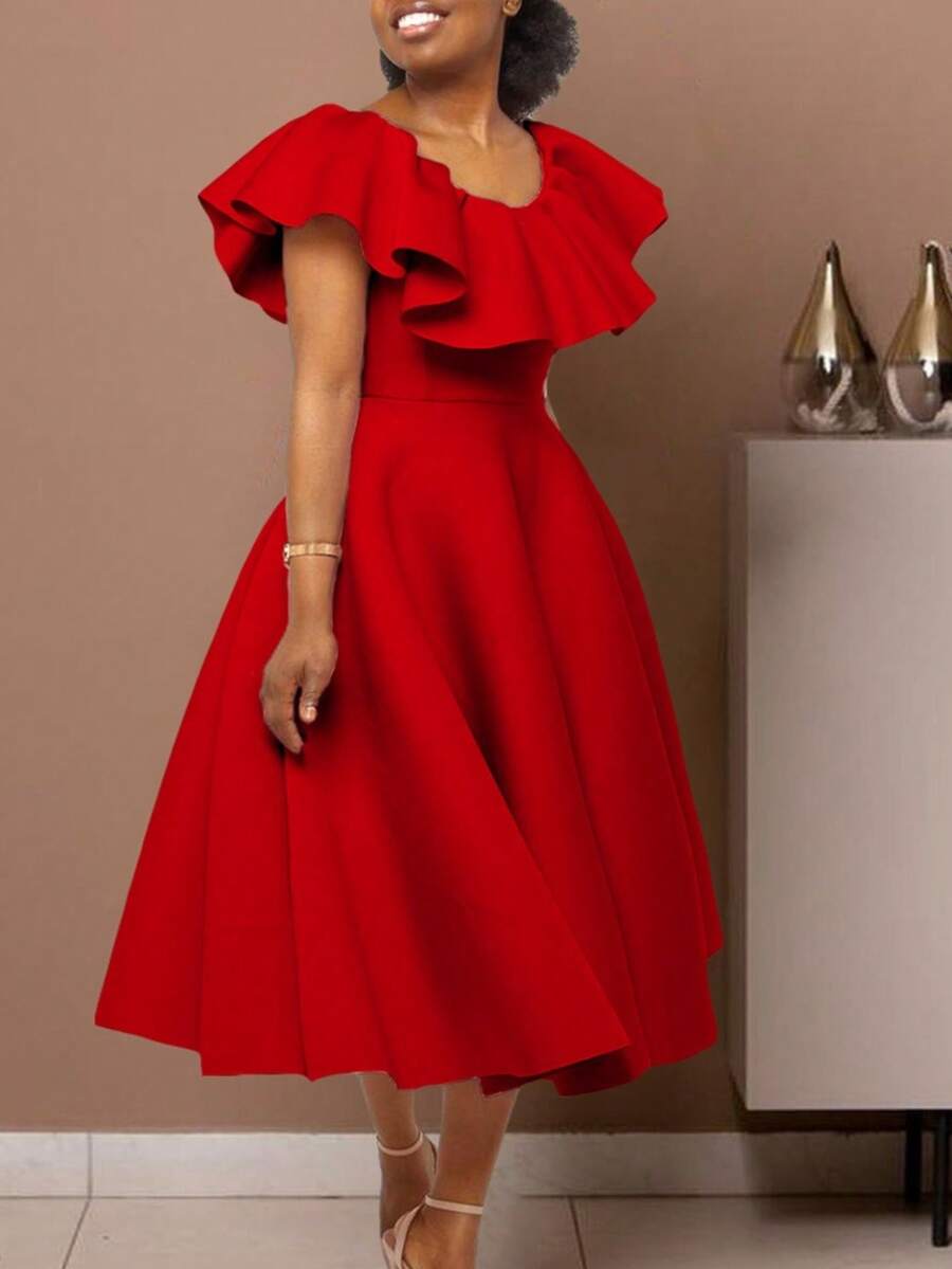 Elegant Summer Dress With Ruffles And A Full Skirt - Red - View 1