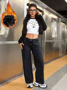 PETITE Pantalones vaqueros casuales de pierna ancha y bolsillos sueltos para mujer - Negro - Ver 6