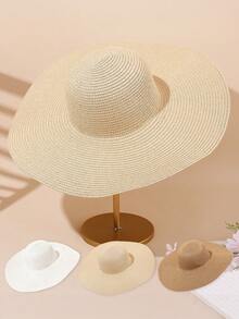 1 pièce Chapeau de soleil à large bord, grande taille, pour dames et adolescentes, couleur unie avec protection UV, chapeau d'été léger et respirant pour les voyages et les vacances - chapeau de paille à larges bords - Voir 1