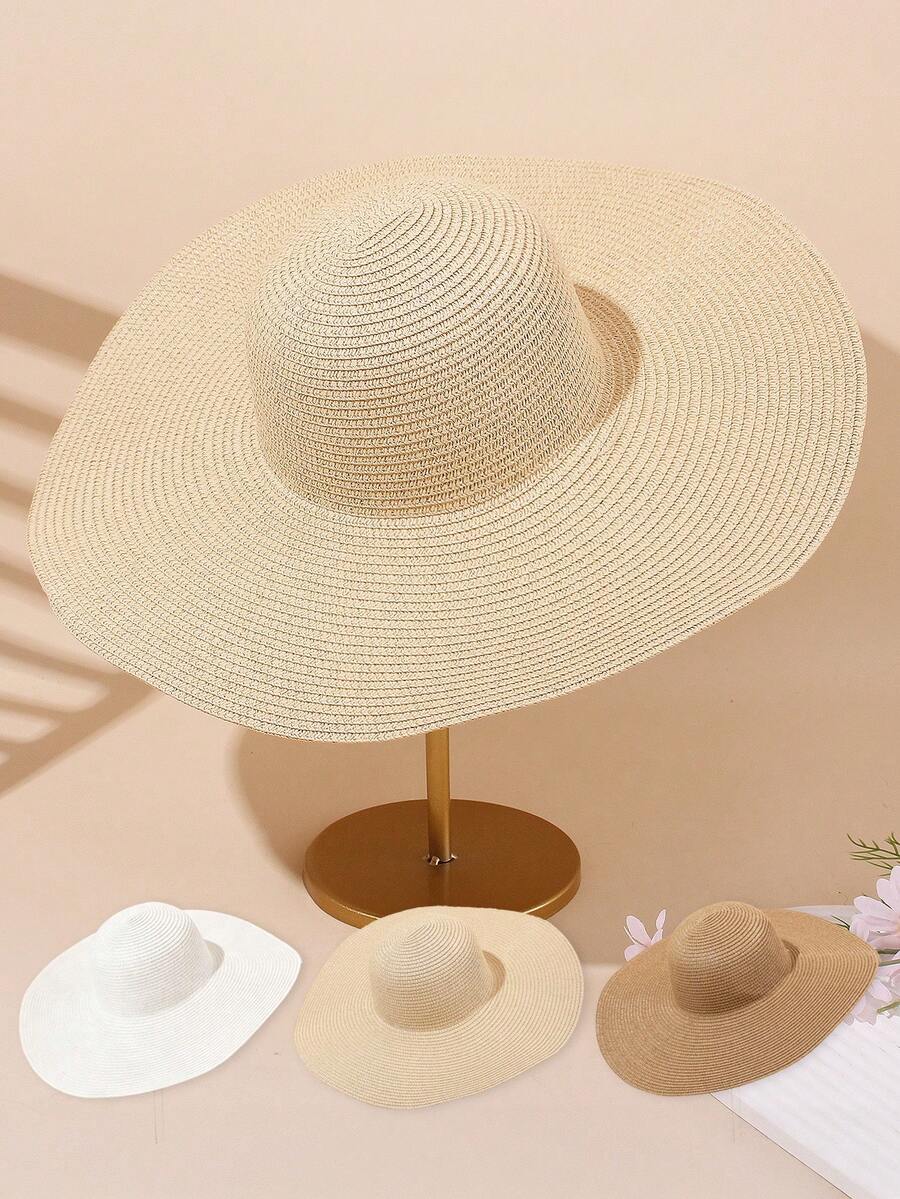 1 pièce Chapeau de soleil à large bord, grande taille, pour dames et adolescentes, couleur unie avec protection UV, chapeau d'été léger et respirant pour les voyages et les vacances - chapeau de paille à larges bords - Voir 1
