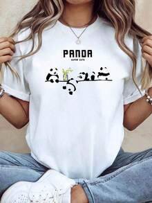 Women's Casual Short Sleeve Crew Neck T-Shirt With Panda And Bamboo Graphic Print, Spring-Summer | Everyday Wear, Daily Outings, Gift Of The Day - 白色 - 查看 1
