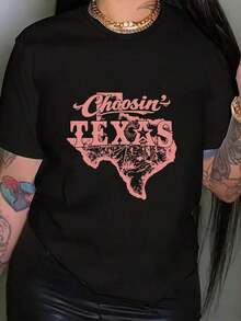 Cómodo Camiseta de Mujer con Temática de Texas - Manga Corta, Cuello Redondo, Estilo Casual con Estampado del Estado de Texas, No Compatible con Blusas para Mayor Estilo |       Ropa de primavera y verano lavable a máquina |       Ropa Texan Pride para Atuendos Cotidianos y Regalos, Camiseta Estampada de Cuello Redondo para Mujer, playeras de mujer algodon, blusa casual mujer,  mujer - Negro - Ver 6