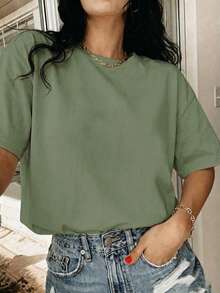 Women's Solid Green Short Sleeve T-Shirt - Y2K Fashion Casual Sports Basic Top Summer - Green - View 2
