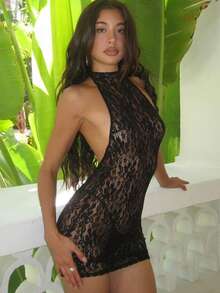 Sensual Halter Dress With Fitted Lace And A Voluminous Effect For Parties - Black - View 1
