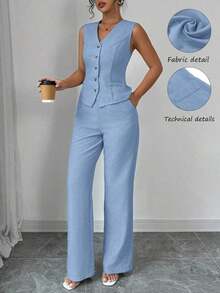 Conjunto de mujer de chaleco sin mangas con cuello en V y pantalones rectos de pierna derecha, de unicolor, elegante y de moda para uso casual y de oficina - azul real - Ver 8