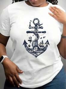 Women's Short-Sleeved T-Shirt, White, With Nautical Anchor, Boat And Compass Print, Summer Casual Wear. - 白色 - 查看 1