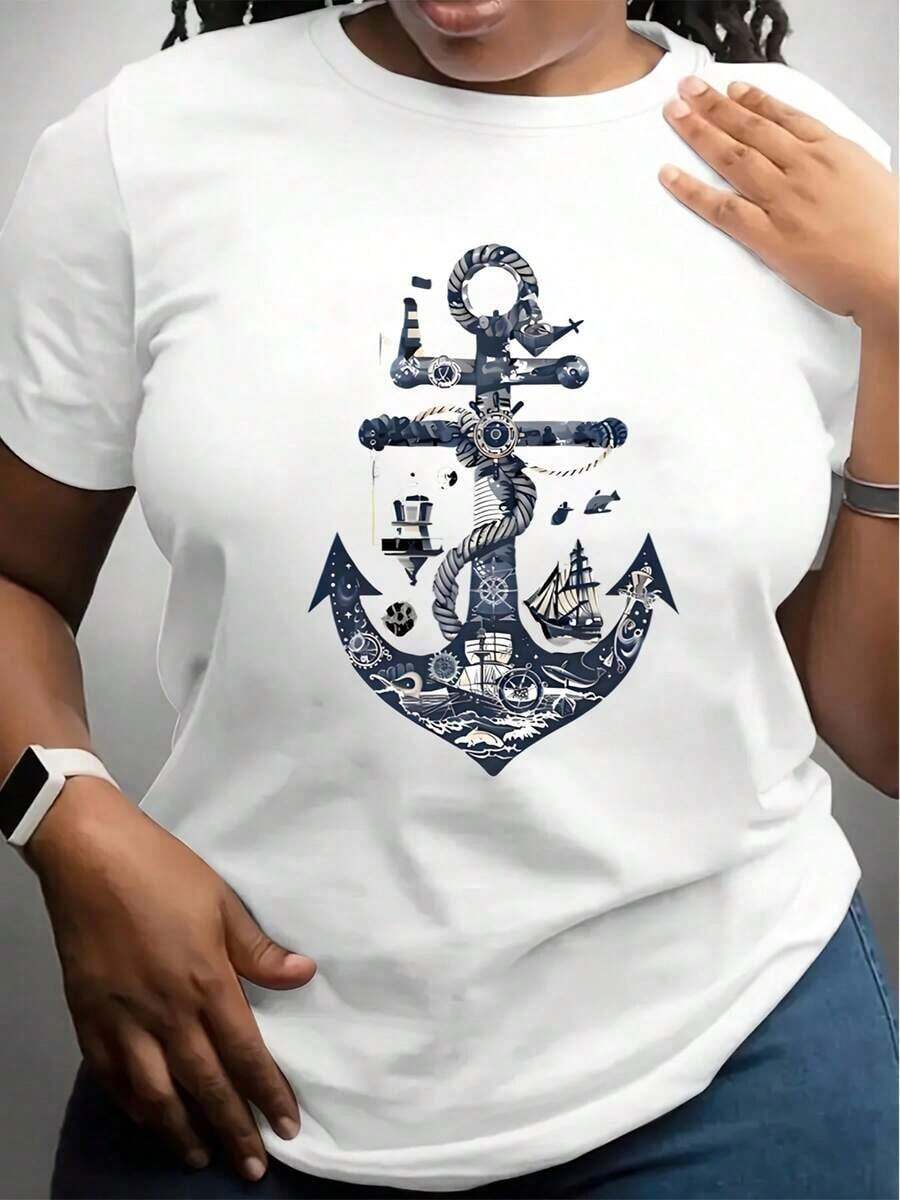 Women's Short-Sleeved T-Shirt, White, With Nautical Anchor, Boat And Compass Print, Summer Casual Wear. - 白色 - 查看 1