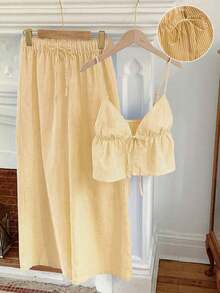 2 piezas Conjunto casual de vacaciones con rayas tejidas amarillas para mujer, /verano - Amarillo 2 - Ver 5