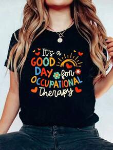 Camisetas Gráficas para Mujer, Camiseta Estampada de Terapia Ocupacional, Cómoda y Transpirable de Algodón, Ropa de Verano para Mujer, Camiseta Oversize, Blusas para Mujer - Negro - Ver 7