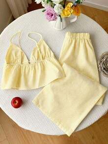 2 piezas Conjunto casual de vacaciones con rayas tejidas amarillas para mujer, /verano - amarillo ganso - Ver 2