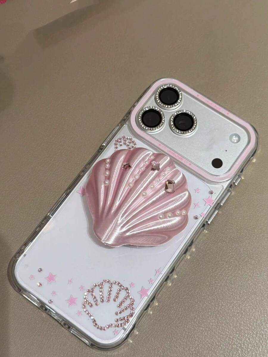 Elegant Korean Style Rhinestone Shell Magnetic Phone Stand Case, Suitable For IPhone 17 Pro Max/16 Pro Max/15 Pro/14/13 Series, Anti-Fall Protective Cover For Women - Pink - View 1