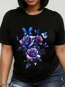 100% Algodón, Camiseta Estampada de Corte Holgado para Mujer - Estampado de Rosas Moradas y Mariposas Azules, Cuello Redondo Suave, Mangas Cortas, Tejido Ligero y Transpirable, Top Casual de Primavera/Verano Adecuado para Uso Diario, Regalo para el Día de San Valentín, Día de la Madre - Diseño Floral Blanco con Morado y Azul, Lavable a Máquina, Ajuste Cómodo, Corte Holgado, Elegante y de Construcción Duradera, Material Cómodo, Camiseta Estampada de Algodón Transpirable, Combina con Todo - Negro - Ver 6