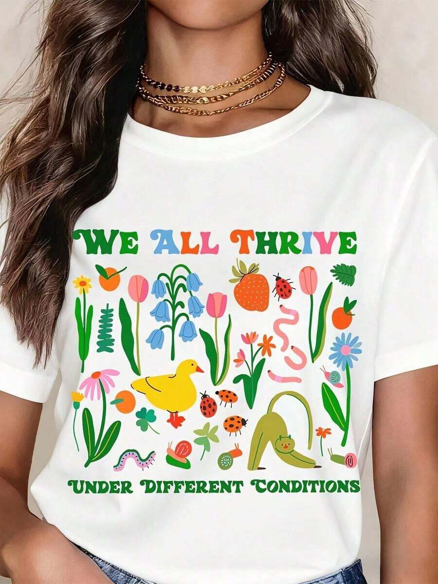 Nueva Camiseta Casual de Verano con Cuello Redondo, Estampado Floral y Animal, Estilo Urbano Vintage, Unisex, de Algodón, Manga Corta, Corte Holgado - Blanco - Ver 1
