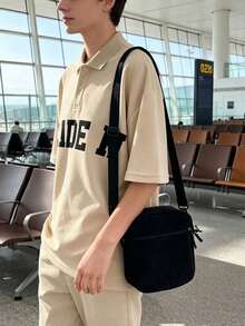 纯色灯芯绒面料轻便时尚男士斜挎包，运动休闲旅行单肩包 - 黑色 - 查看 5
