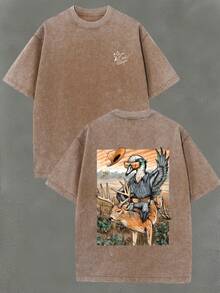 New Summer 2026 Collection Western-Style Fun Illustration Men's Washed Cotton Short-Sleeve T-Shirt Top, 100% Pure Cotton 220 Grams, Double-Sided Printed Pattern, Vintage Street Style, Summer Outfits For Women, Vacation Outfits For Women, 4th Of July Outfit For Women - 綠寶石 - 查看 11
