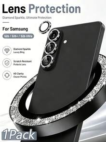 适用于三星 Galaxy S26/S26Plus/S26 Ultra/S25/S25 Ultra/S24/S23/S22 的钻石装饰相机镜头保护膜套装，9H 钢化玻璃 + 铝合金镜头环 [闪亮装饰]，超清晰独立镜头盖，闪亮黑色 - 黑色 - 查看 2